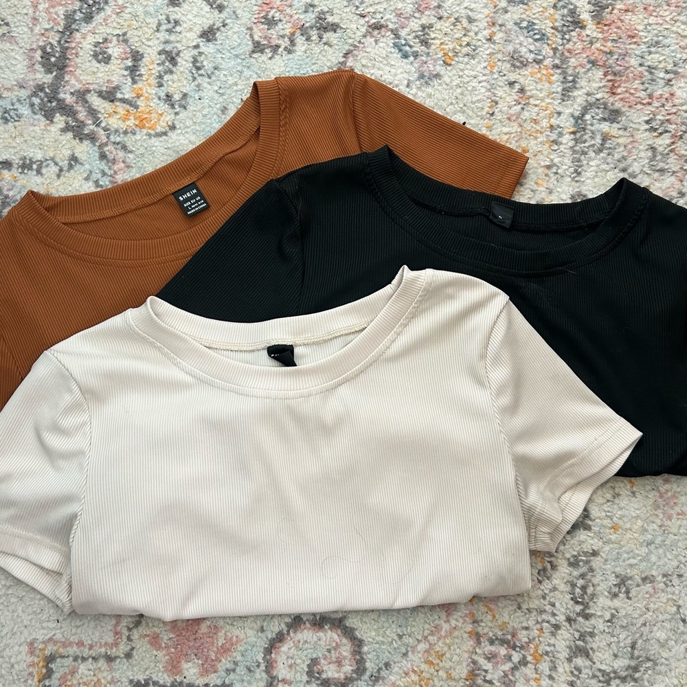 SHEIN Short Sleeve Ribbed Tops - Black, Cream, and Brown